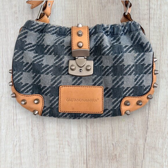 Gaetano Navarra Houndstooth Plaid Jacquard Canvas Leather Shoulder Bag Stud Y2K - Picture 2 of 7